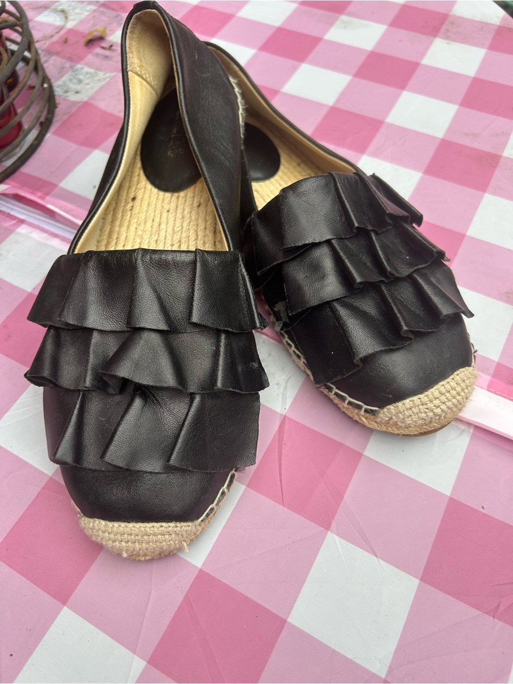 Women’s Black Leather Ruffle Espadrille Flats